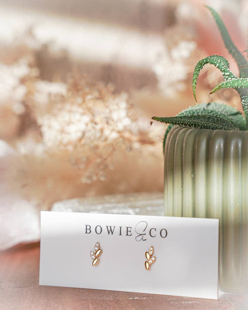 Bowie & Co / Gold Leaf CZ Stud Earrings: Gold