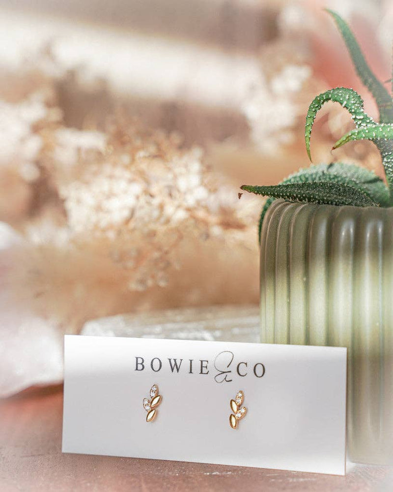 Bowie & Co / Gold Leaf CZ Stud Earrings: Gold