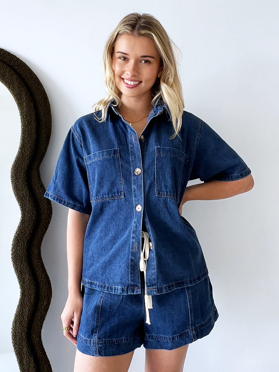 By Frankie / Elodie Denim Short Set - Dark Blue Denim