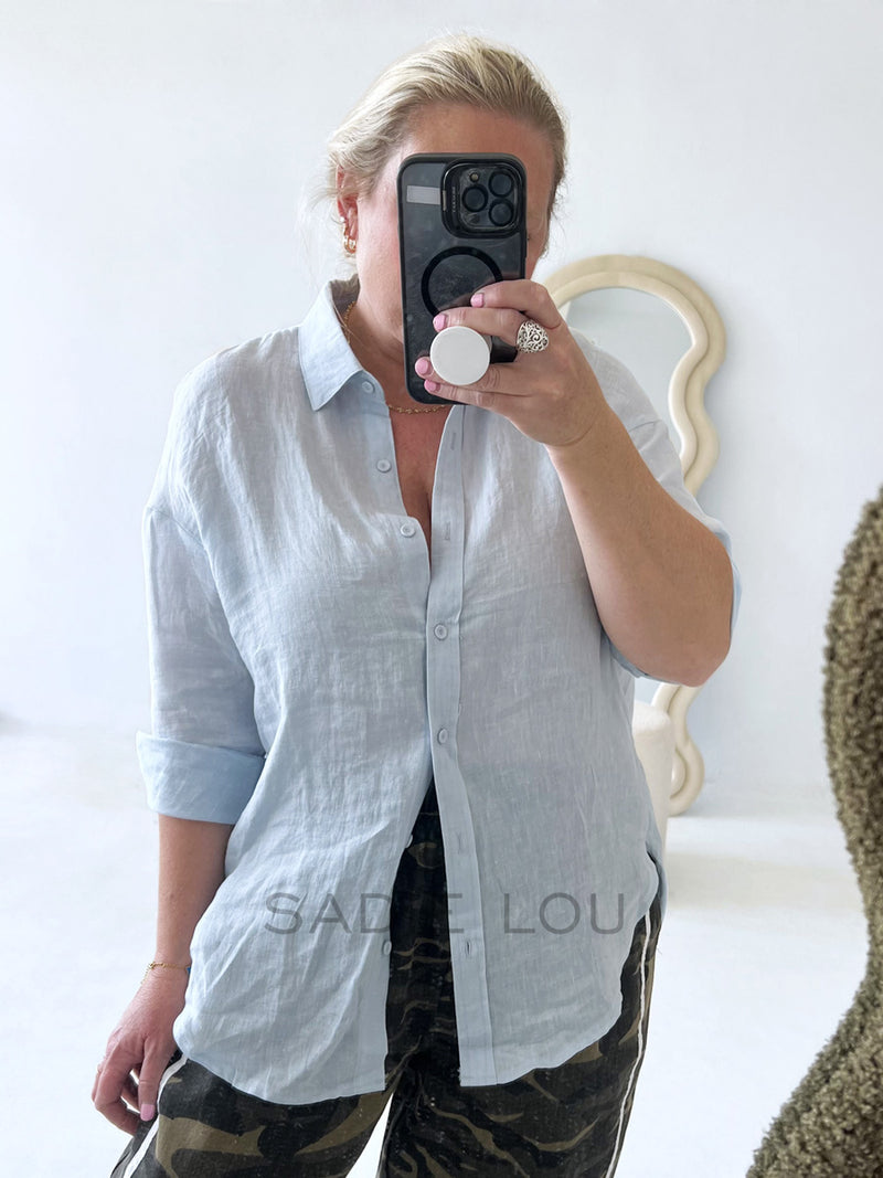 Little Lies / Linen Boyfriend Shirt - Powder Blue