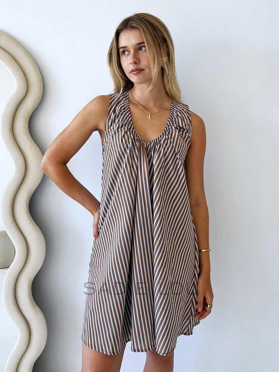 By Frankie / Missy Striped Sun Dress - Chocolate/Blue