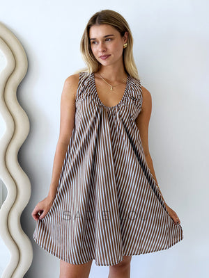 By Frankie / Missy Striped Sun Dress - Chocolate/Blue