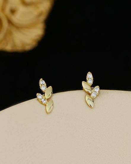 Bowie & Co / Gold Leaf CZ Stud Earrings: Gold